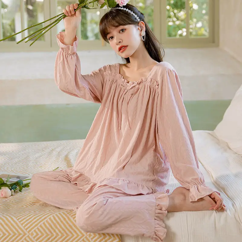 

SUO&CHAO New Spring Autumn Pajamas Sets For Womens Girls Cotton Long Sleeve Round Neck Long Pants Pyjamas Sleepwear Homewear