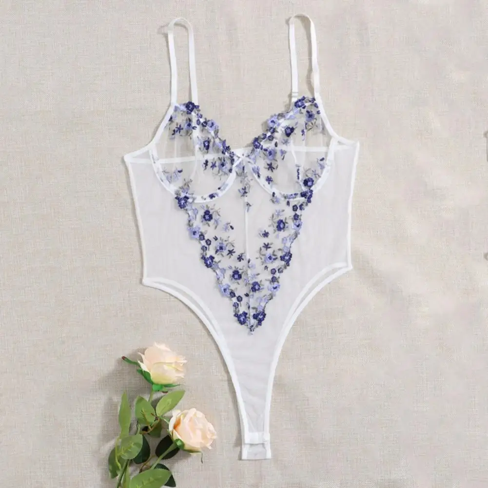 

Skinny Elastic Flower Embroidery Low-cut Women Playsuit for Honeymoon