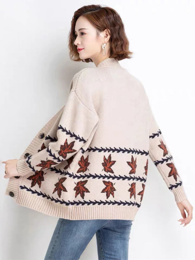 

Maple Leaf Emroidery Knitted Cardigans For Women Autumn Winter Long Sleeve V-neck Single Breated Sweaters Casual Loose Tops