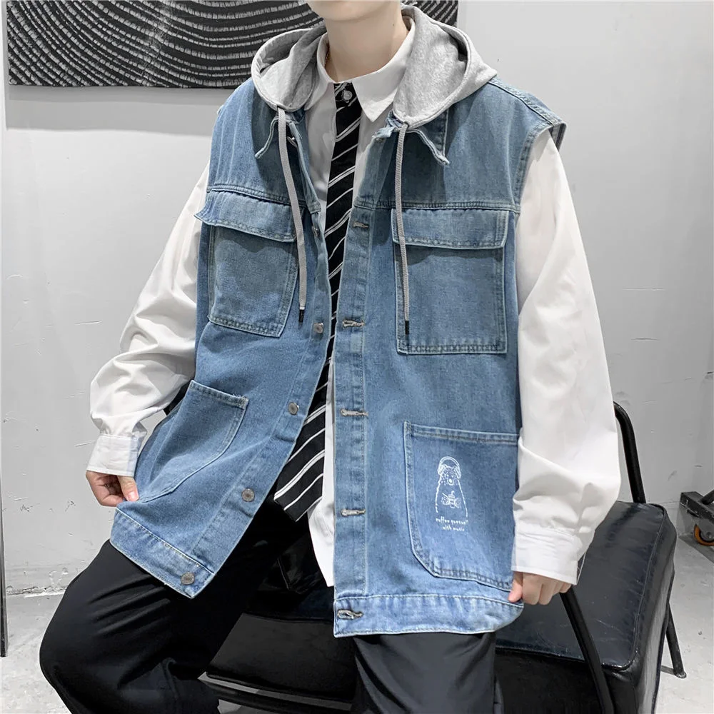 

2022 Men's Work Hooded Cowboy Vests Sleeveless Fashion Leisure Denim Jackets Motorcycle Black/blue Color Waistcoats Size M-5XL