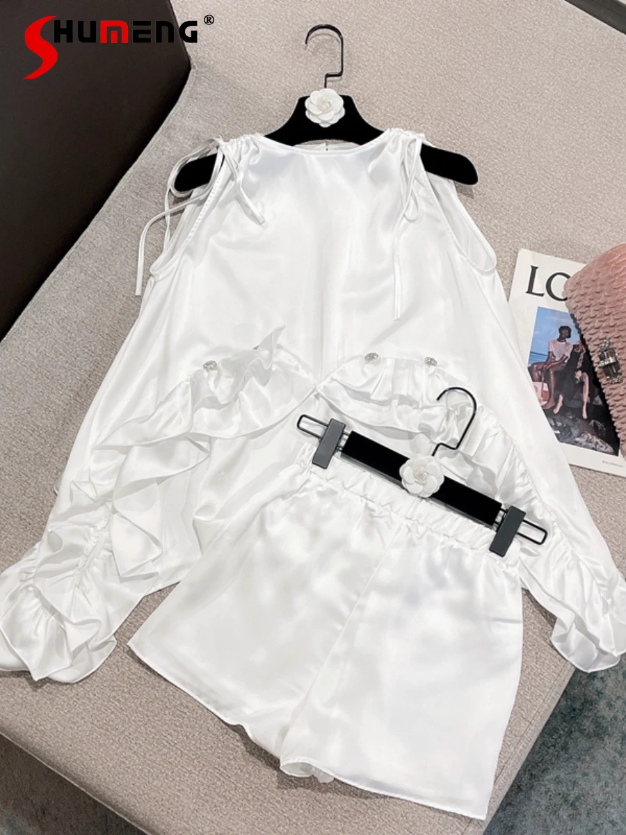 

Женский комплект из двух предметов, шифоновая рубашка с завязками и бантом, однотонные шорты с завышенной талией, лето 2022