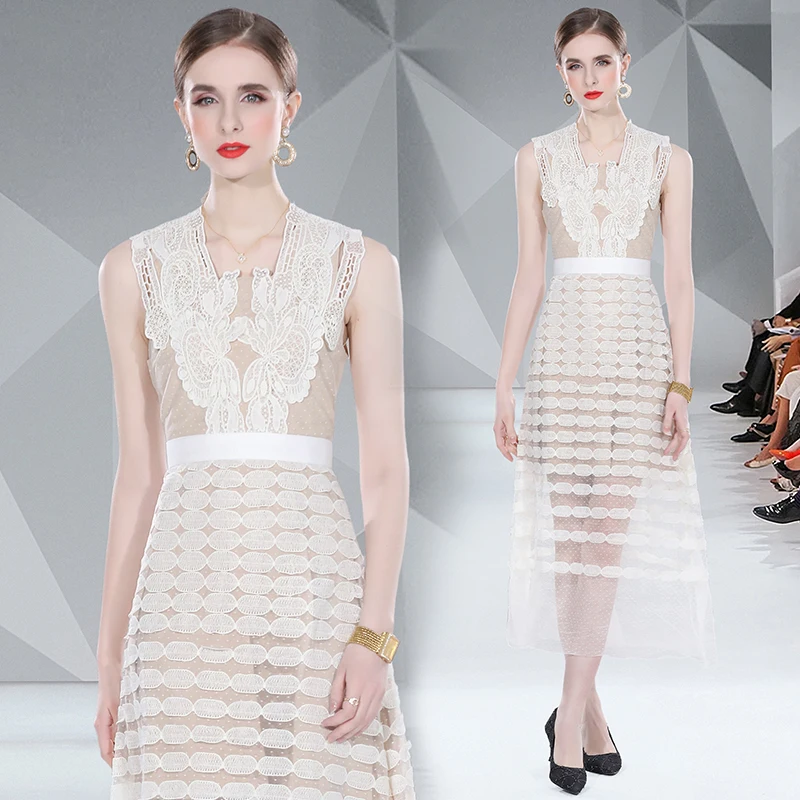 

Женское элегантное платье с вышивкой, кружевное тонкое платье без рукавов с U-образным вырезом, лето 2023