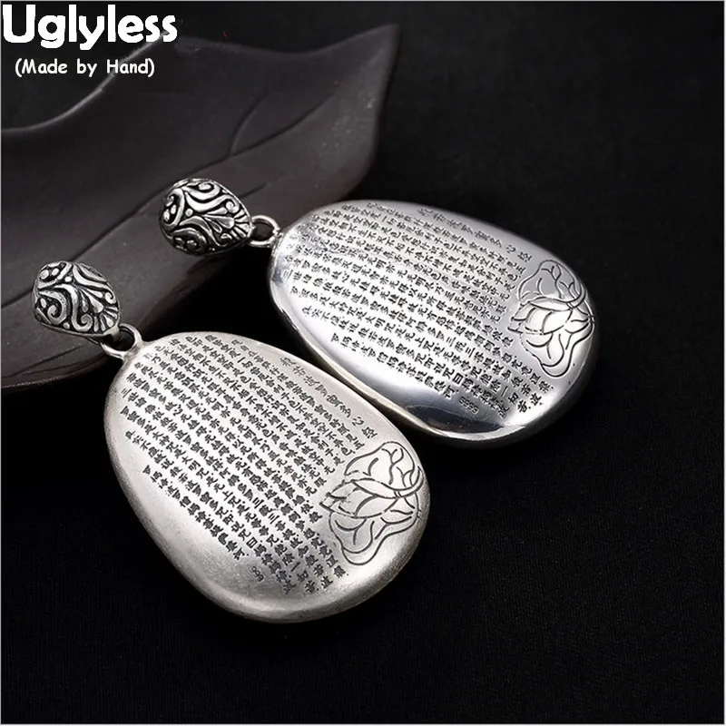 

Uglyless Real 99.9% Fine Silver Lotus Flower Buddhism Pendants for Women Waterdrop Necklaces NO Chains Heart Sutra Fine Jewelry