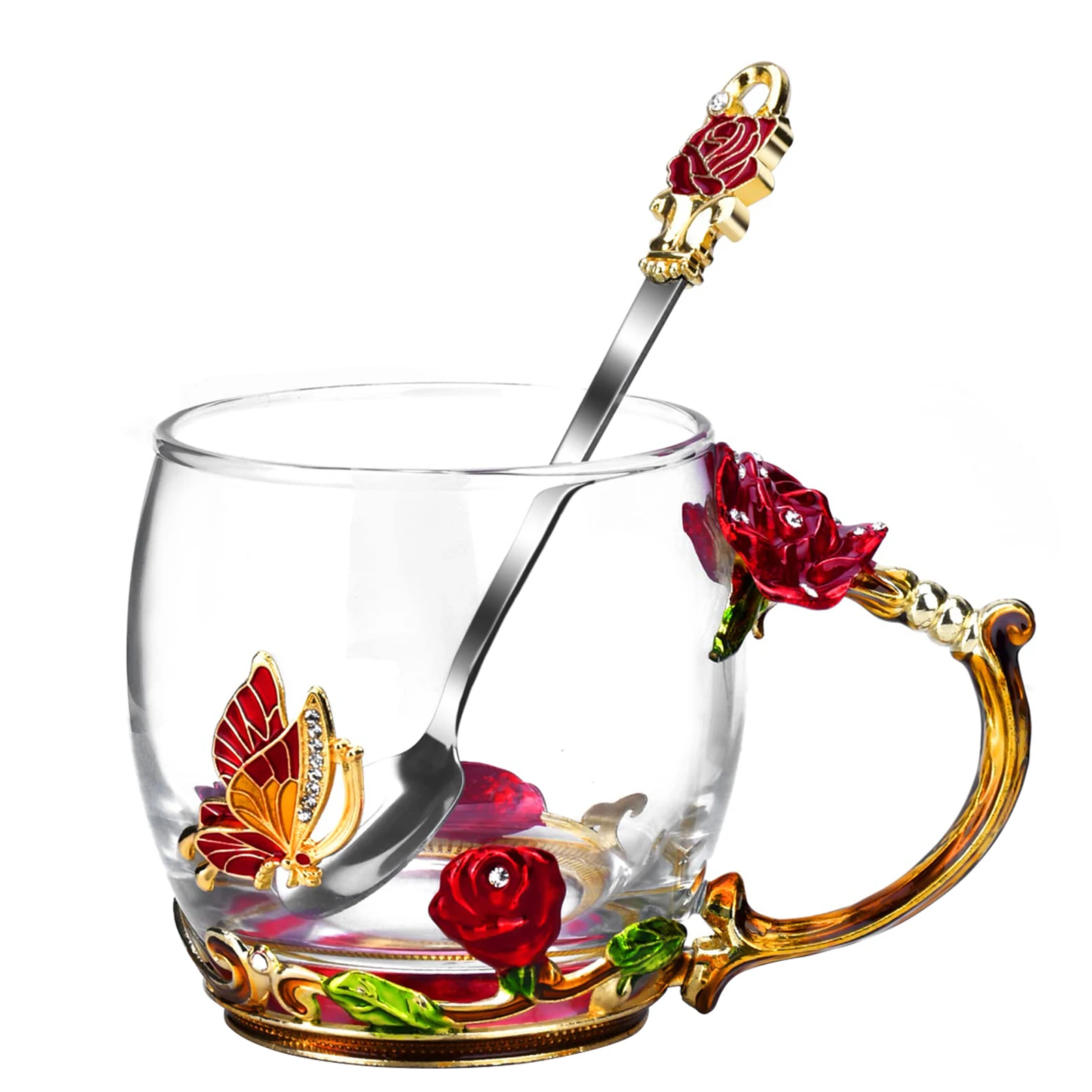 

330ml Red Roses Spoon Transparent Mom Wife Anniversary Coffee Mug Glass Birthday Decorative Butterfly Drinkware Tea Cup Handmade