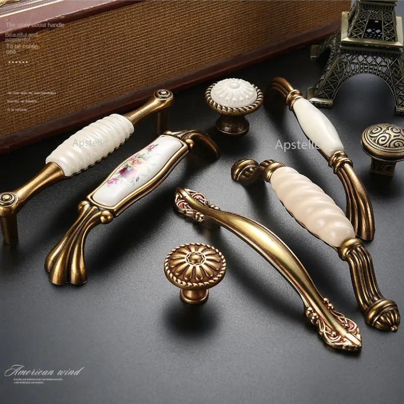 Classical Gold Flower Knobs Handle Garden Pulls European Printing Ceramic Handle Modern Cabinet Wardrobe Door Handles