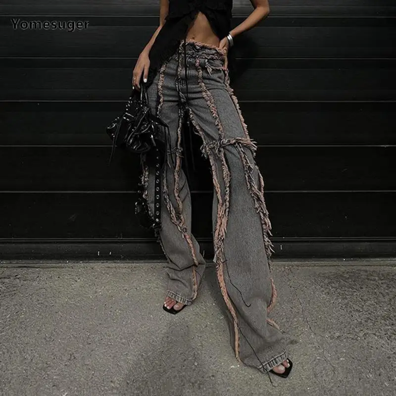 

Женские винтажные джинсовые брюки Yomesuger, свободные брюки с завышенной талией и широкими штанинами в стиле пэчворк, осенняя уличная одежда, 2023