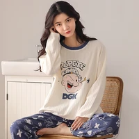 disney 2022 spring autumn loose cotton pajama sets for women long sleeve striped pullover and graphics pant loose sleep wears
