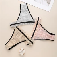 ladies sexy hollow fluffy airy breathable seersucker thong elastic band lace trim thong women t pants