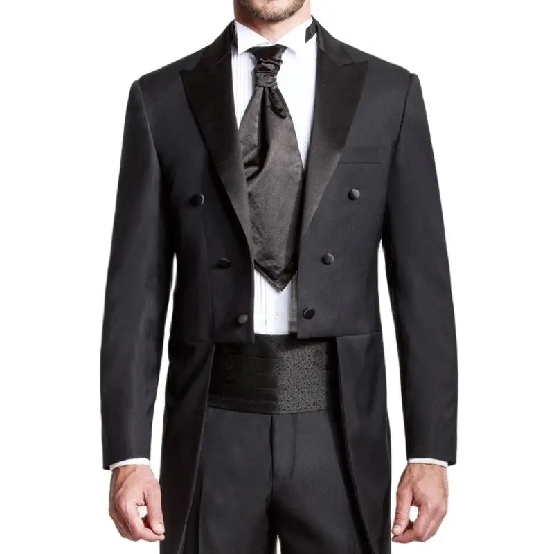 

Black Groom Tailcoat Pant Suit Peaked Lapel Long Tail Custom Made Men Wedding Suits Bridegroom Best Groomsmen Wedding Tuxedos
