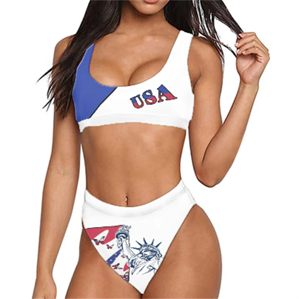 

USA Flag Clothes CUSTOM Butterfly Statue of Liberty Images Print Blue White Polyester High Waist Two Piece Swimsuit Bikini Sets