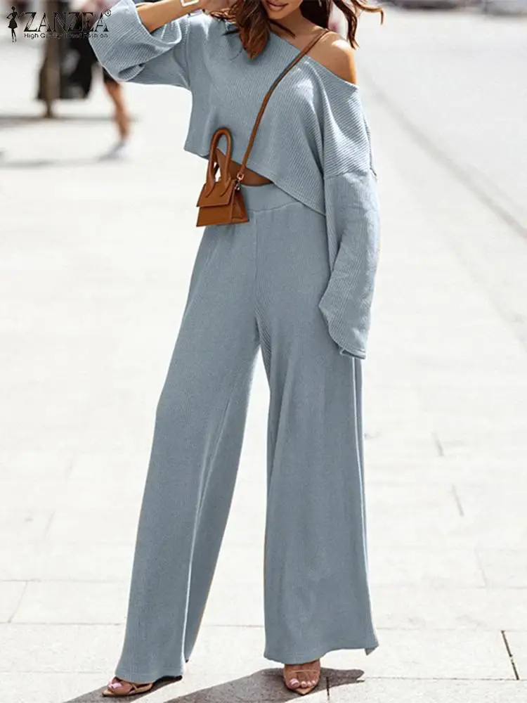 

ZANZEA Pants Sets Suits Oversized Office Outfits 2PCS Women Autumn Loose Tracksuit Casual Long Sleeve Pullovers Wide Legs Pants