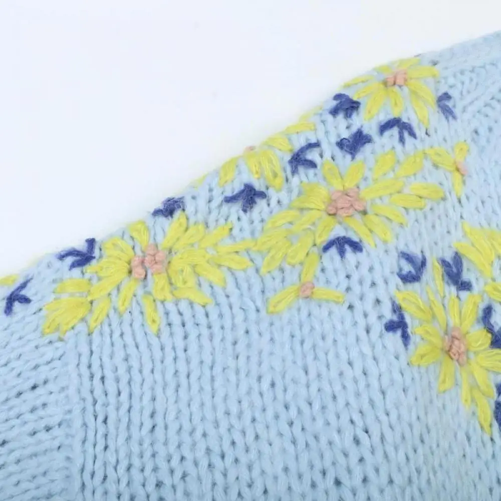 Желтый цветок вышитый вязаный свободный шерстяной пуловер женский с круглым