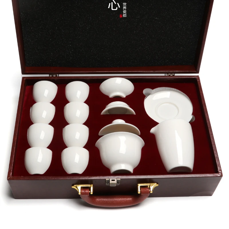 

Оригинальный белый нефритовый глазурь Fortune, однотонный чайный набор Tureen, полный набор, керамический китайский кунг
