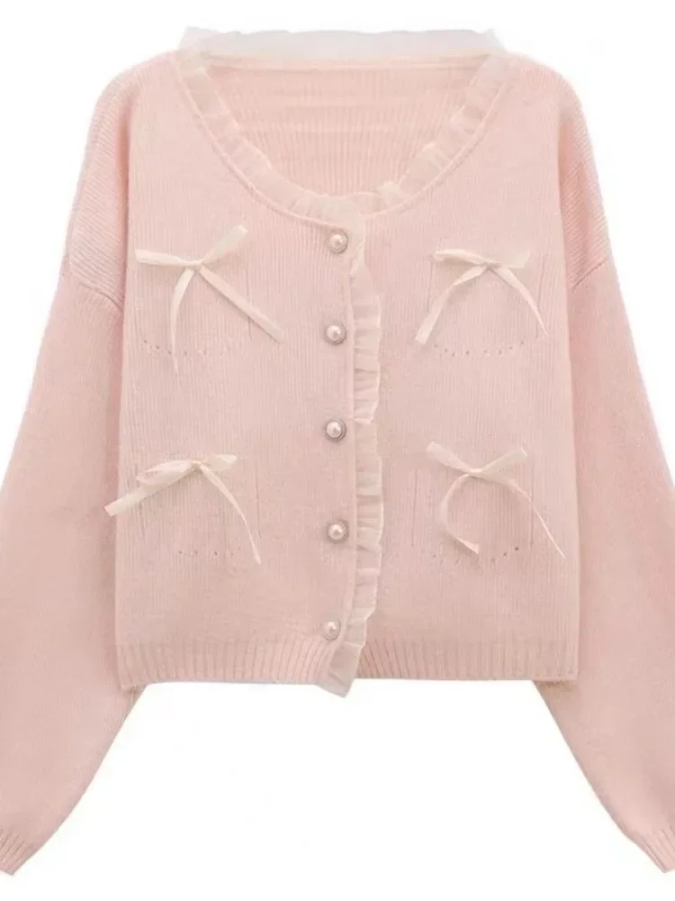 Корейский кружевной лоскутный укороченный кардиган Y2K модные свитера женский