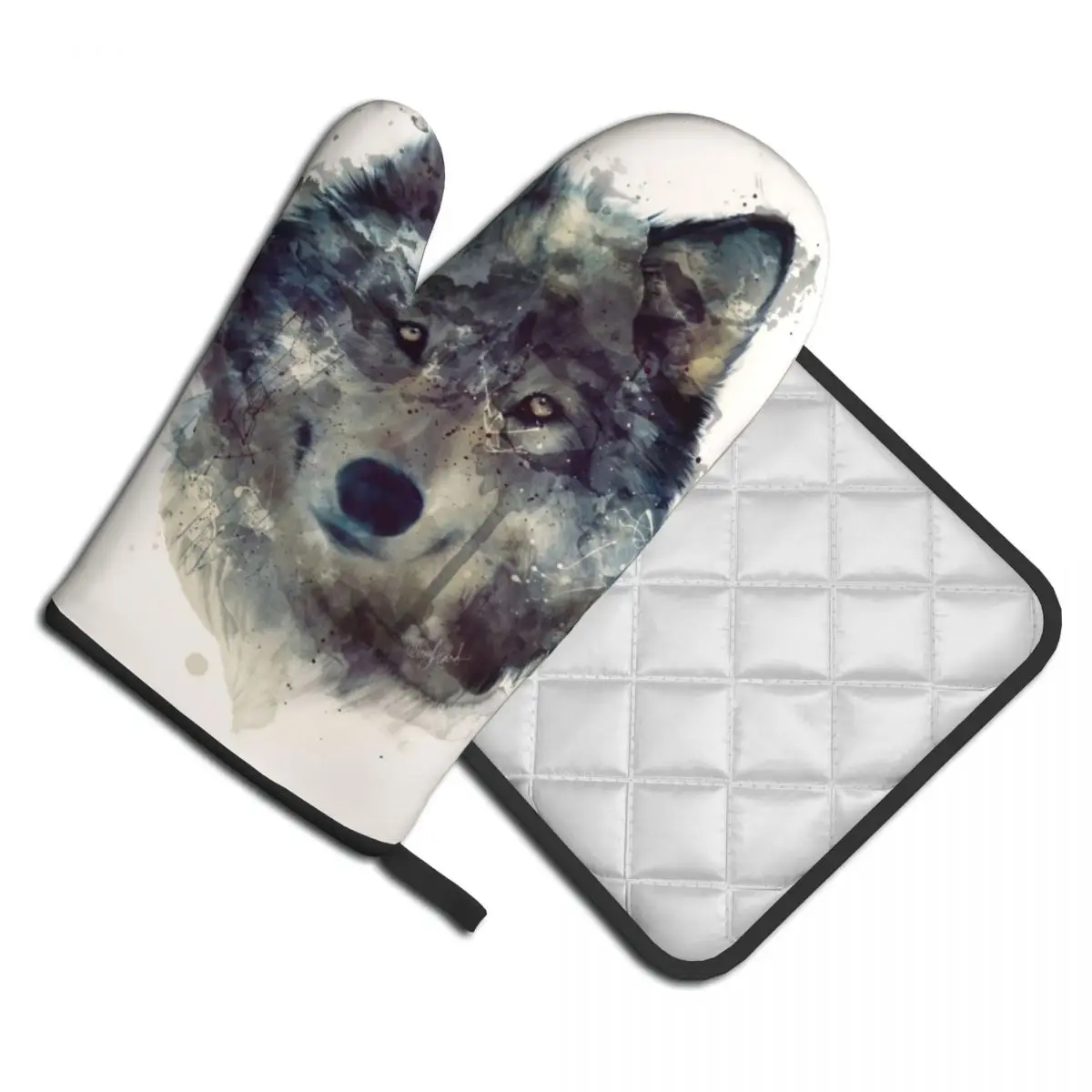 

Wolf Watercolor Kitchen Glove Persevere Anti Heat Barbecue Mitten Pot Holder Hot Oven Bowl Mitts Set