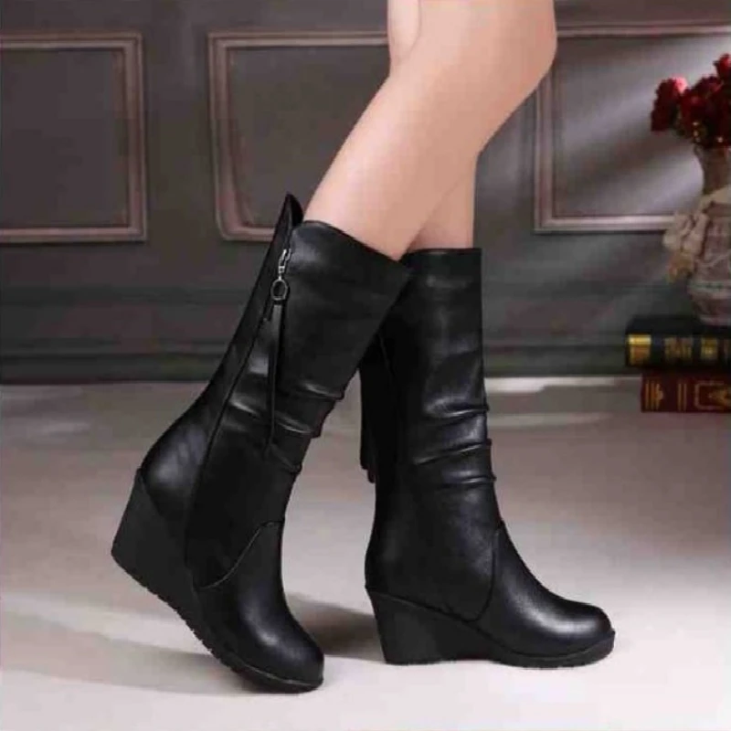 

2022 New Winter Warm Fur Boots Womens Boots High Heels Side Zipper Female Shoes Black Woman Boots Shoes Wedge