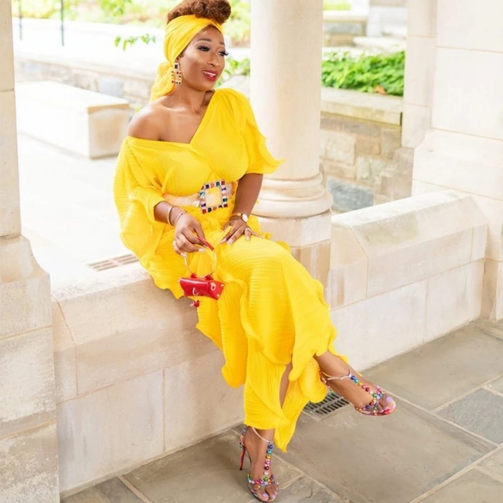 

Africa Pleats Pleated New Flare Sleeve Long Dress Loose Large Ruffle Irregular Lady Long Dresses African Maxi Dresses For Women