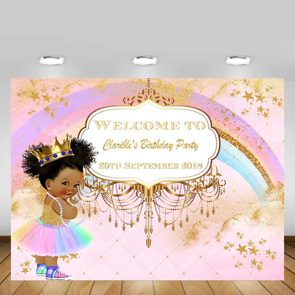 

Mehofond Rainbow Birthday Baby Shower Photography Backdrop Royal Princess Gold Stars Children Party Banner Decoration Photocall
