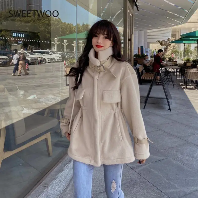 Winter Soft Warm Thick Faux Fur Coat Women Drop Shoulder Long Sleeve Zipper Drawstring Fluffy Jacket Korean Fashion Slim 2022