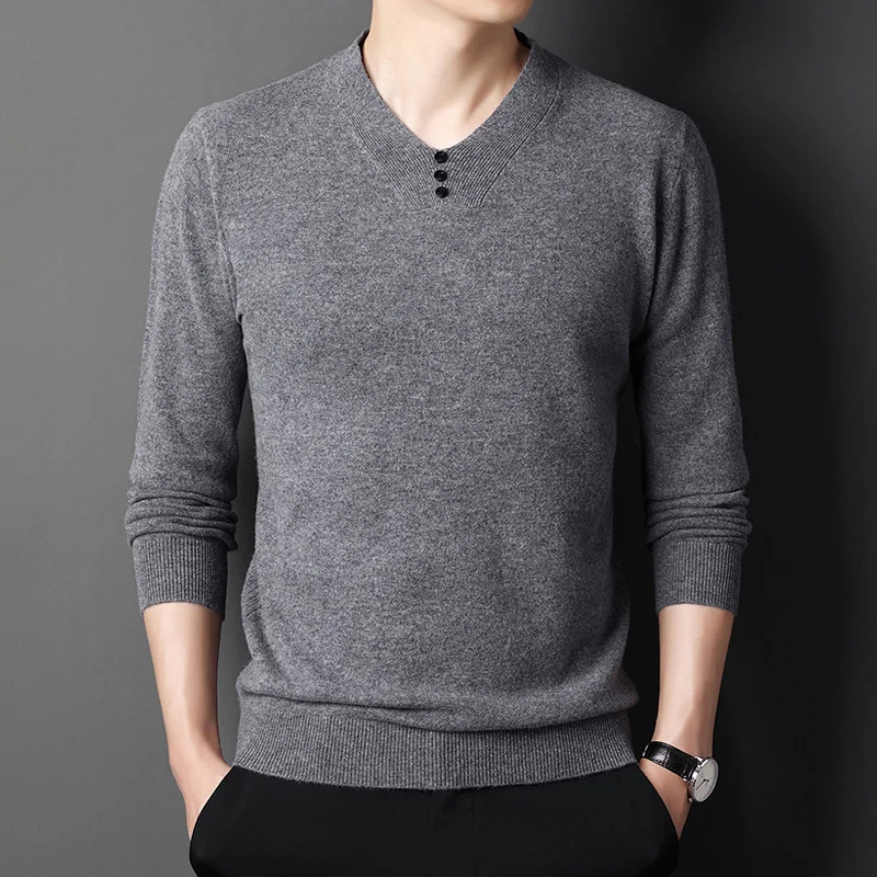 sweater Men's 100% pure wool V-neck thickened young and middle-aged Pullover knit bottoming shirt winter