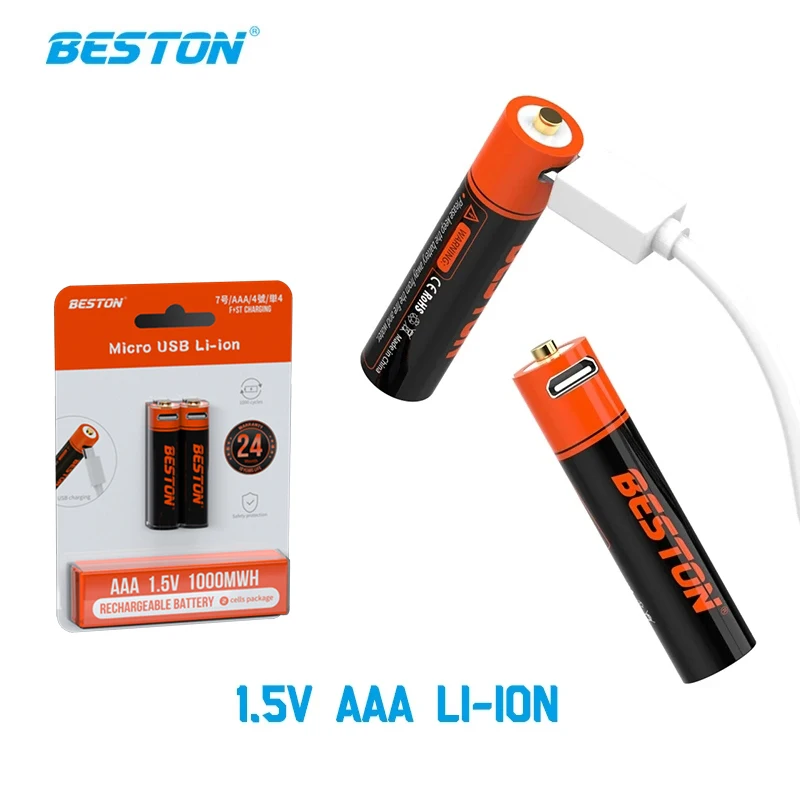 

Beston 2 PCS Rechargeable Battery 1.5V AAA Li-ion Lithium 1000mWh For Toys Battery Typc-C Cable Charging 690mAh