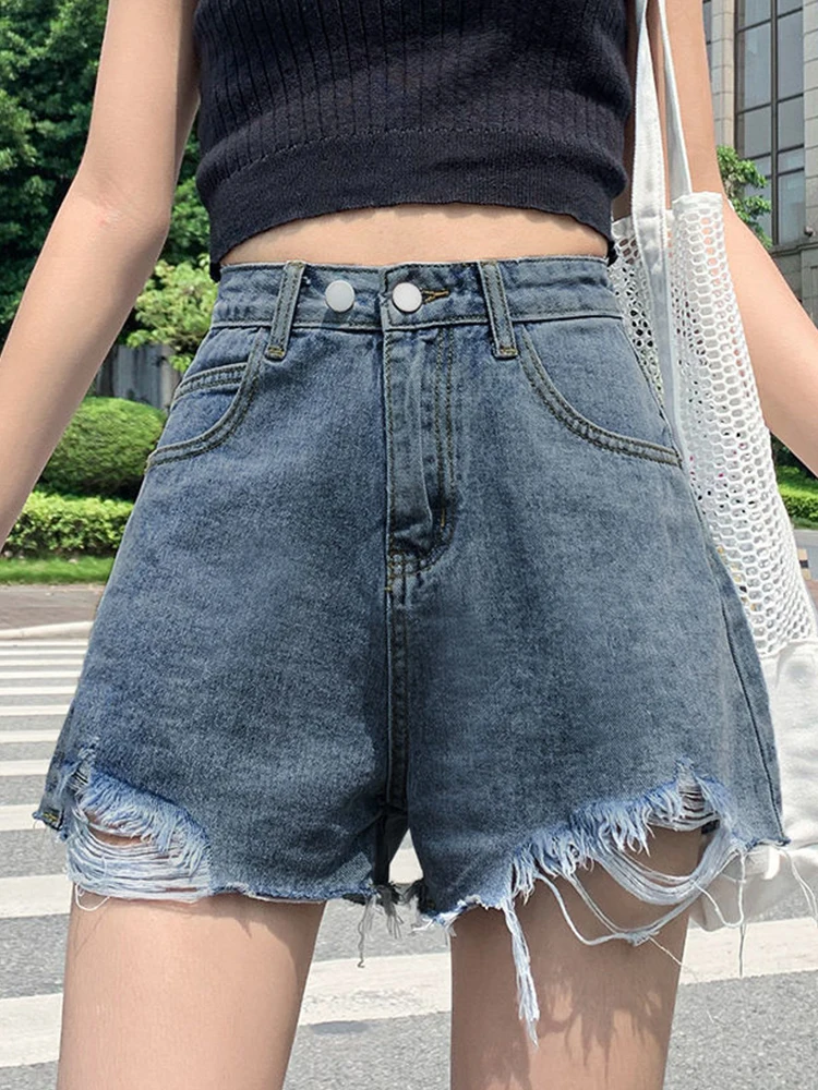 Streetwear Women High Waist Loose Hole Frayed Denim Shorts Spring Summer Female Wide Leg Retro Jeans Shorts Bottoms