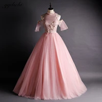 elegant pink high neck tulle folowes appliques evening dresses off shoulder princess quinceanera prom gowns vestidos de 15 a%c3%b1os