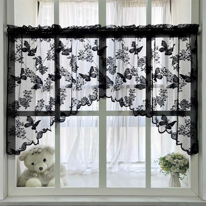 

Grey White Butterfly Roman Sheer Tulle Short Curtains For Kitchen Cafe Voile Lacework Tassel Half Curtain Bedroom Window Drapes