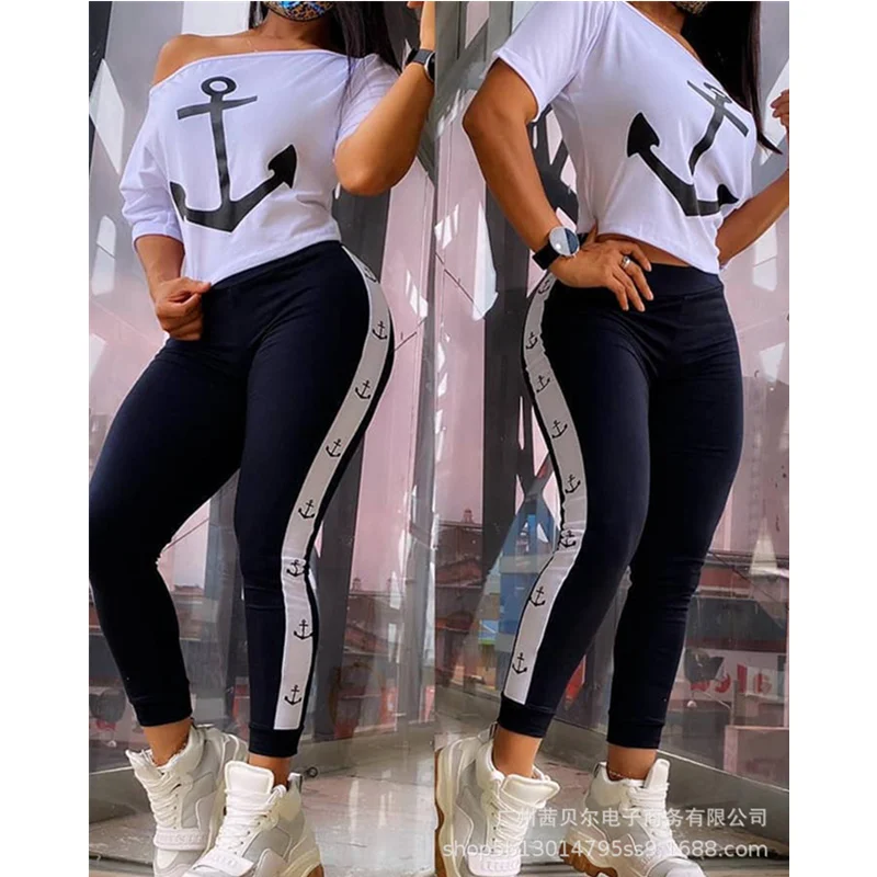 

Mandylandy Women Elegant Tracksuit Two Piece Set Homewear Loungewear Sleepwear Fashion Y2K Anchor Print Crop Shirt Pants Outfits