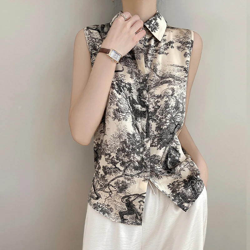 Новая атласная рубашка-поло без рукавов жилет и футболка с чернильным принтом