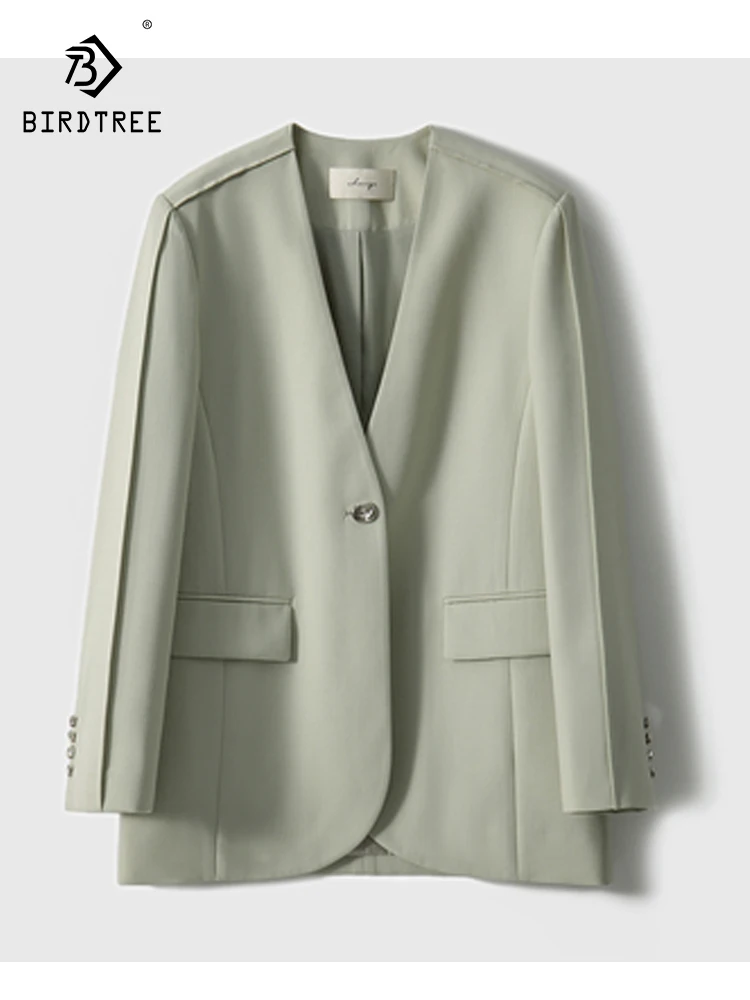 

Birdtree 50.2% Wool 49.8% Polyester Autumn Suit Coat Women's Loose Cut Collarless Commuting Style Office Lady Suit Coat C30376QC