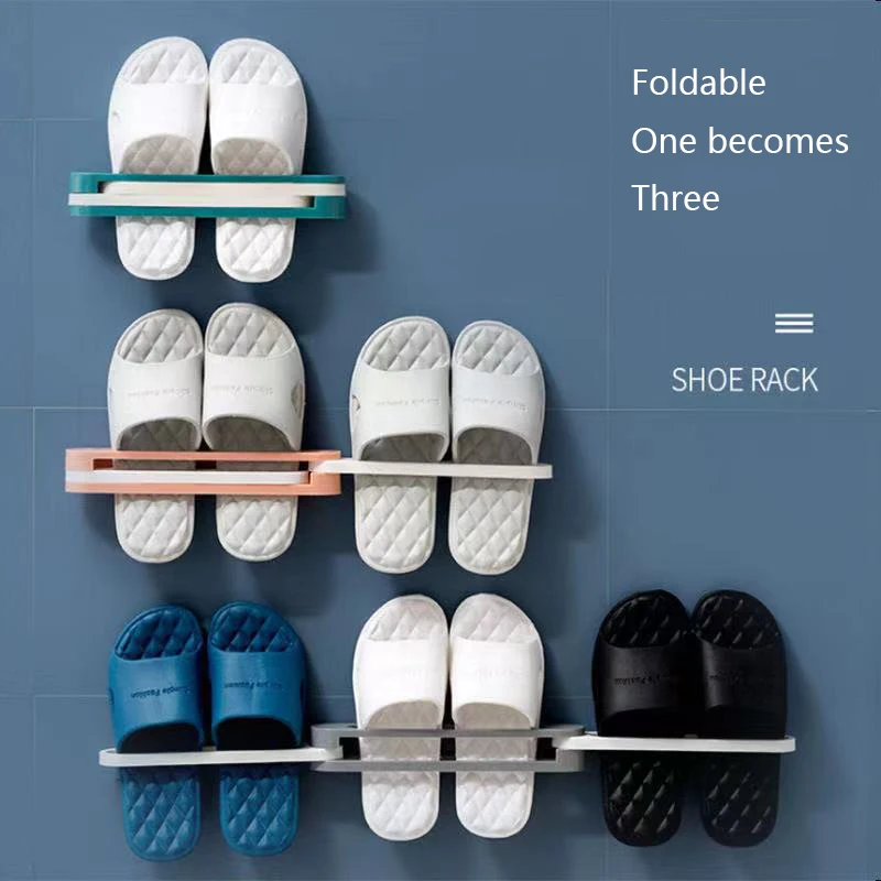 

Foldable One-to-Three-Folding Slippers Rack Bathroom Shoe Rack Toilet Three-in-One Wall-Mounted Shoe Rack Free Punching Storage