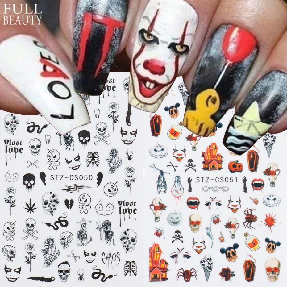 

3D Хэллоуин дизайн ногтей 2022 стикер для дизайна ногтей аниме Череп Кость змея кленовый лист Наклейки Маникюр Декор ногтей CHSTZCS051-057