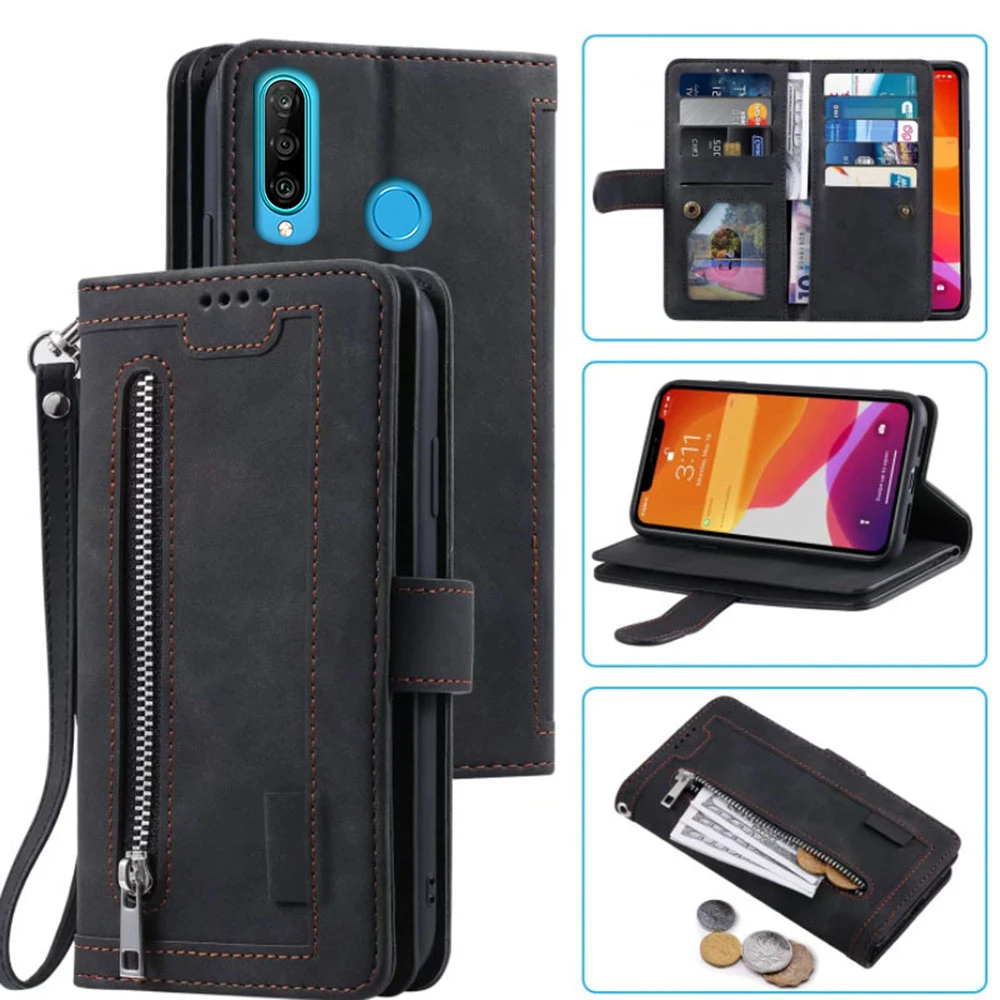 

9 Cards Wallet Case For Huawei Nova 4e Case Card Slot Zipper Flip Folio with Wrist Strap Carnival For Huawei Nova 4E Cover