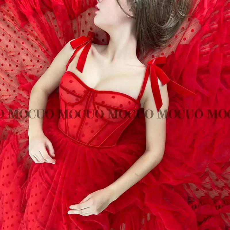 

New Arrival Red Sweetheart Dot net Bustier Bodice Prom Dress Elegant A-Line Straps Evening Dress Plus Size Pleated Long