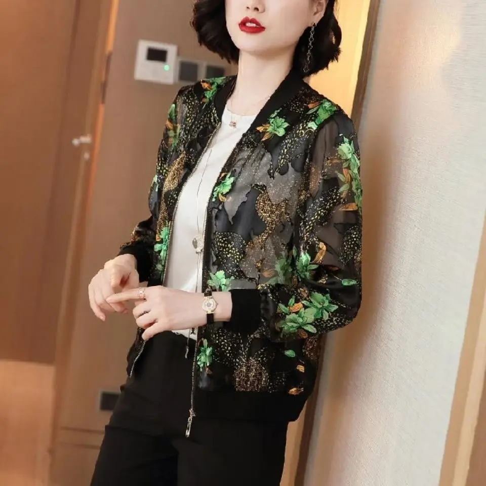

2022 Summer Women Fashion Chiffon Print Jackets Female Thin Long Sleeve Coats Ladies Zipper Sunscreen Outwear 5XL Clothes H63