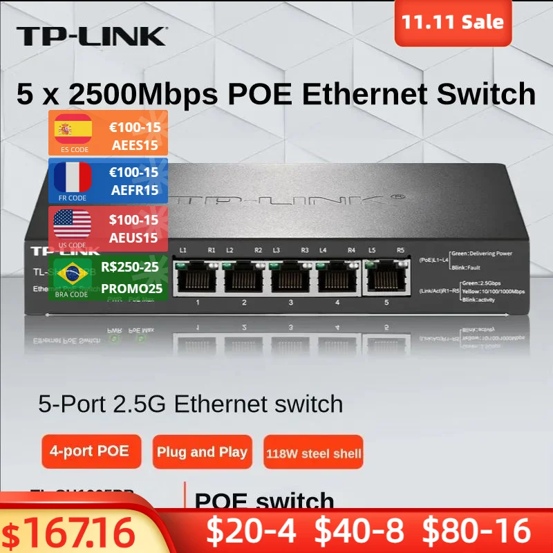 

TP-Link SH1005PB 2.5G full Gigabit Ethernet POE switch home office network cable splitter hub high-speed stable 5 X 2500Mbps