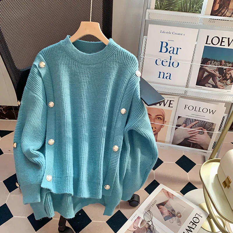 

High Quality Autumn Winter Sweaters Pullover Pearl Button Solid Long Sleeve Sweater Women Knitted Jumper Loose Sweater