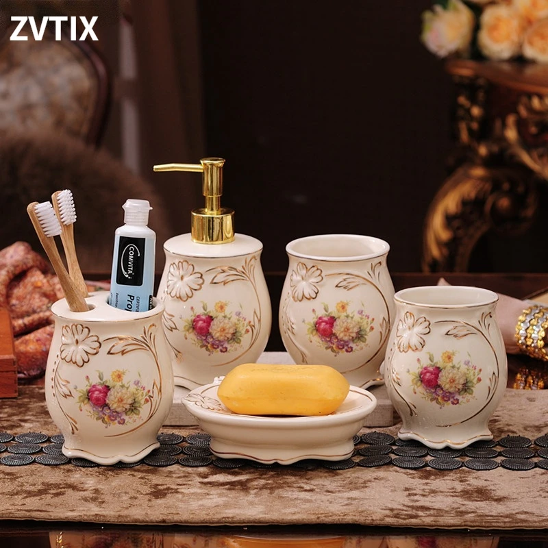 Set Of Bathroom Tools Storage Toothbrush Five Pieces Ceramics With Lotion Holder Home Decoration Soap Dish Bottle Toothbrush Box