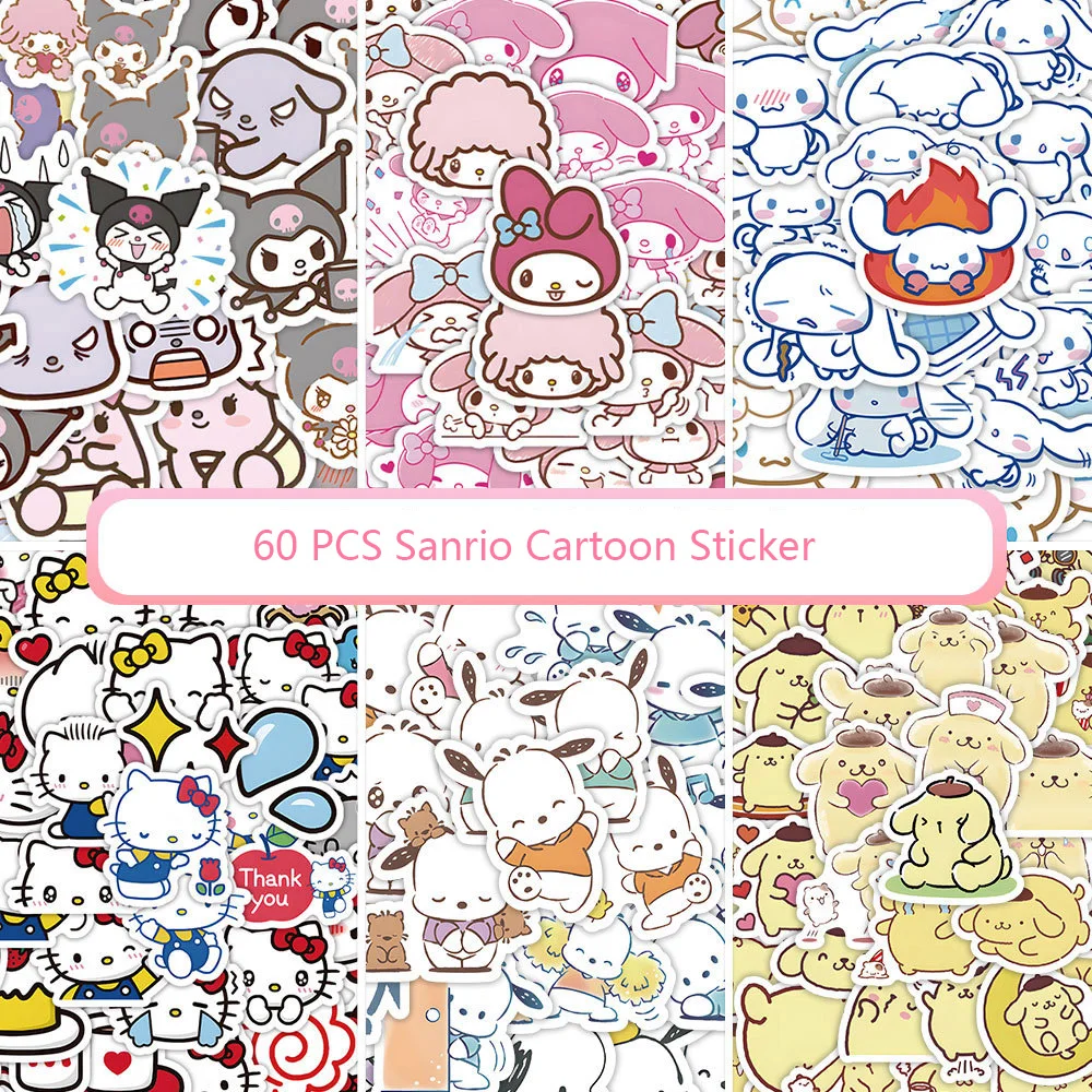 

60/pcs Sanrio Cartoon Kawaii Sticker for Planner Album Scrapbooking Stationery Waterproof Laptop Suitcase Decals Kid's Gift