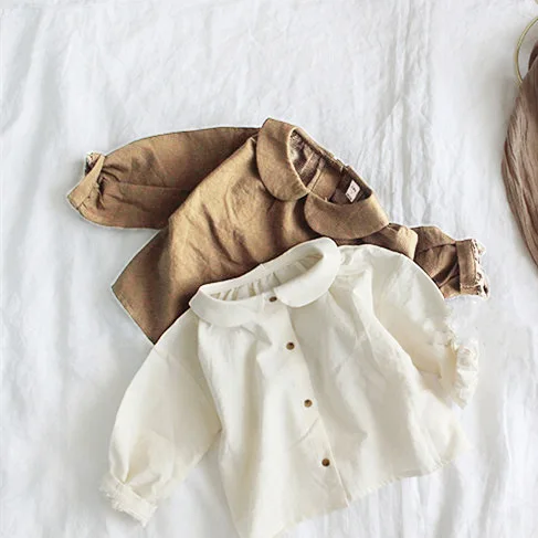 

2023 New Girls Blouse Spring Summer Solid Lapel Shirts Children Long Sleeve Ruffles Loose Blouses Baby Girls Tops