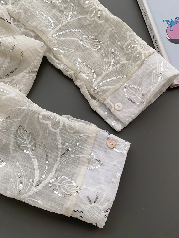 Уличная женская блузка с блестками рубашка длинными рукавами и цветочной