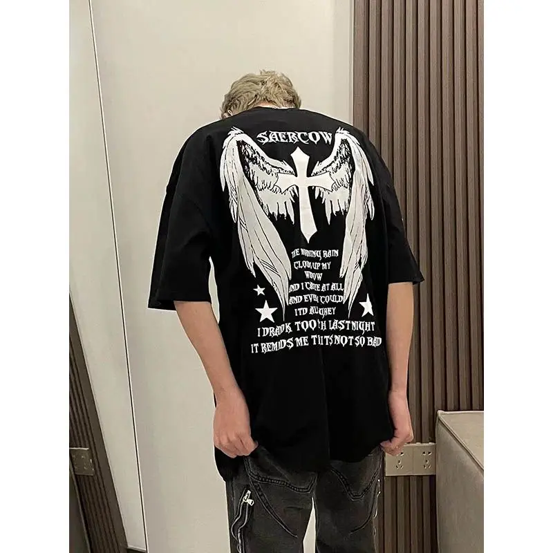 

Summer New American High Street Letter Cross Print Short Sleeve T-shirt for Men and Women Oversize Top Fashion