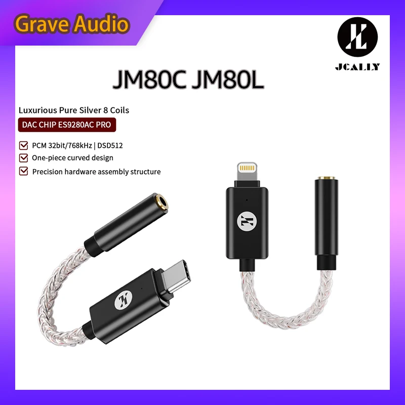 

DAC Headphone Amplifier ES9280AC PRO JCALLY JM80L,JM80 Audio Adapter Cable TypeC to 3.5/ for Android iOS 32bit/768Hz DSD512