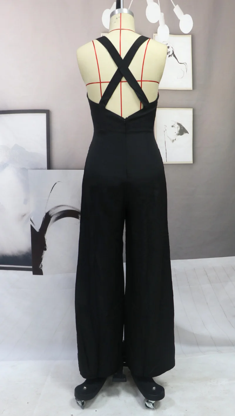 Straight Summer Women's Backless Jumpsuits Outfits Wide Leg Pants Pieces Elegant Traf Woman Rompers Black Overalls 2023 New Thin