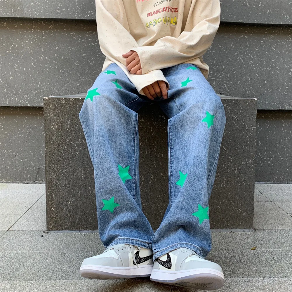 Four Seasons Men's Jeans Trend Pentagram Print Straight Loose Wide Leg Pants Fashion Men's Streetwear Ins Hot Sale Men Clothing