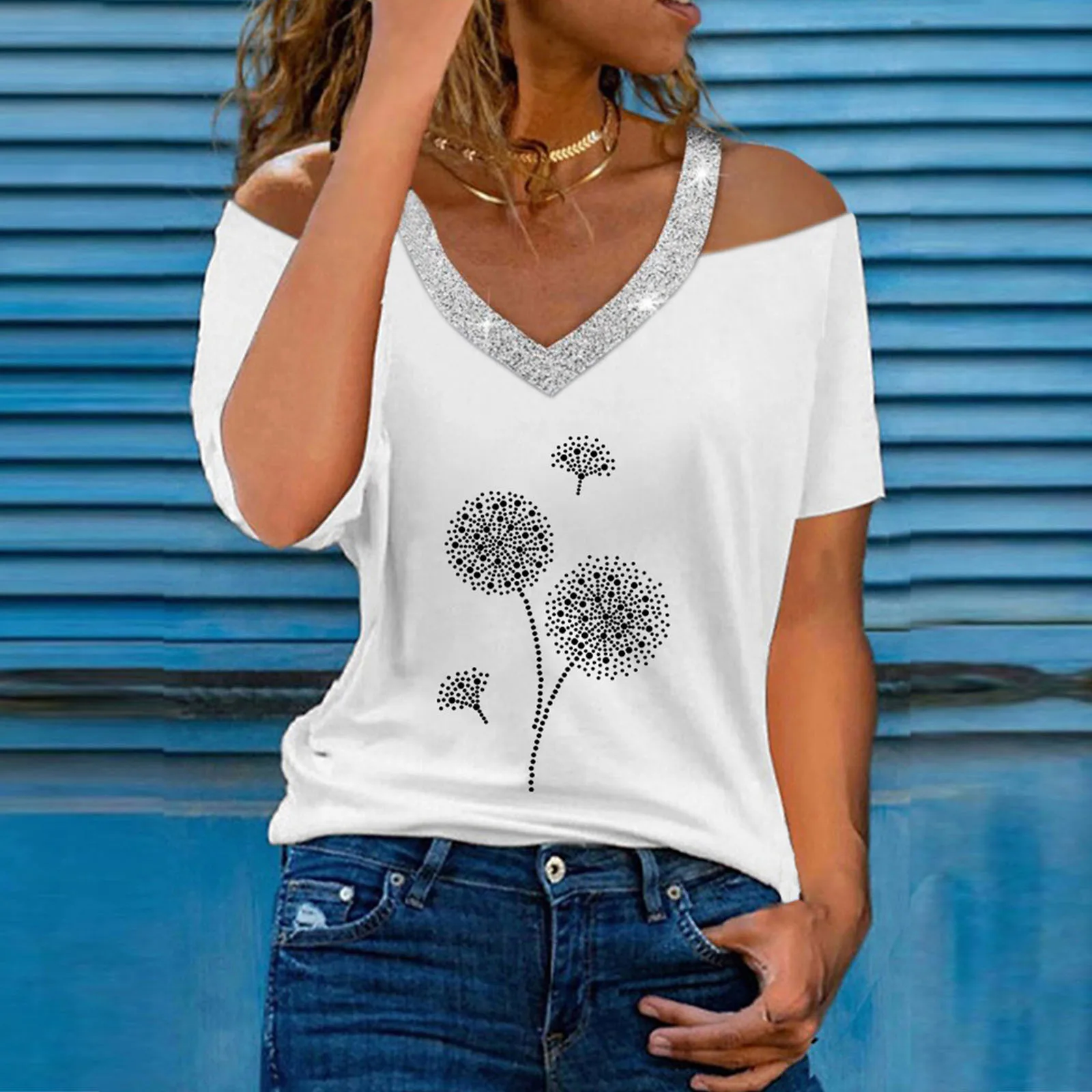 

Большая женская рубашка, женская летняя футболка с V-образным вырезом, открытыми плечами, принтом одуванчика, коротким рукавом, топ, блузка, ...