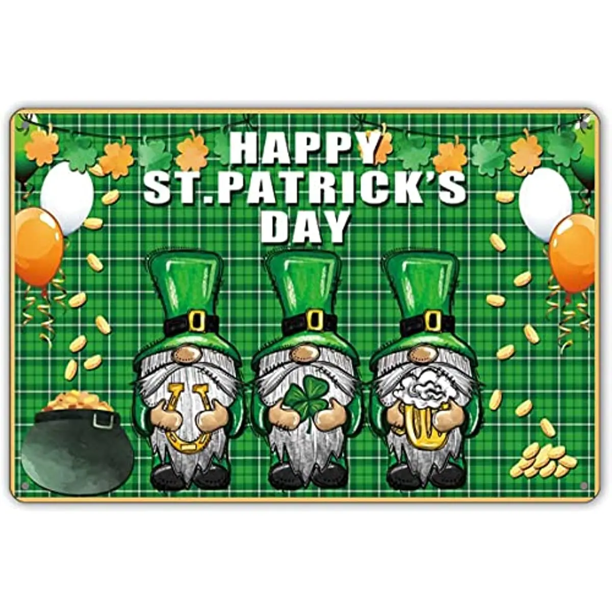 Happy St. Patrick's Day Sign Gnome Four Leaf Clover Leprechaun Green Plaid Bar Pub Garage Diner Cafe Home Wall Decor 8x12 Inch