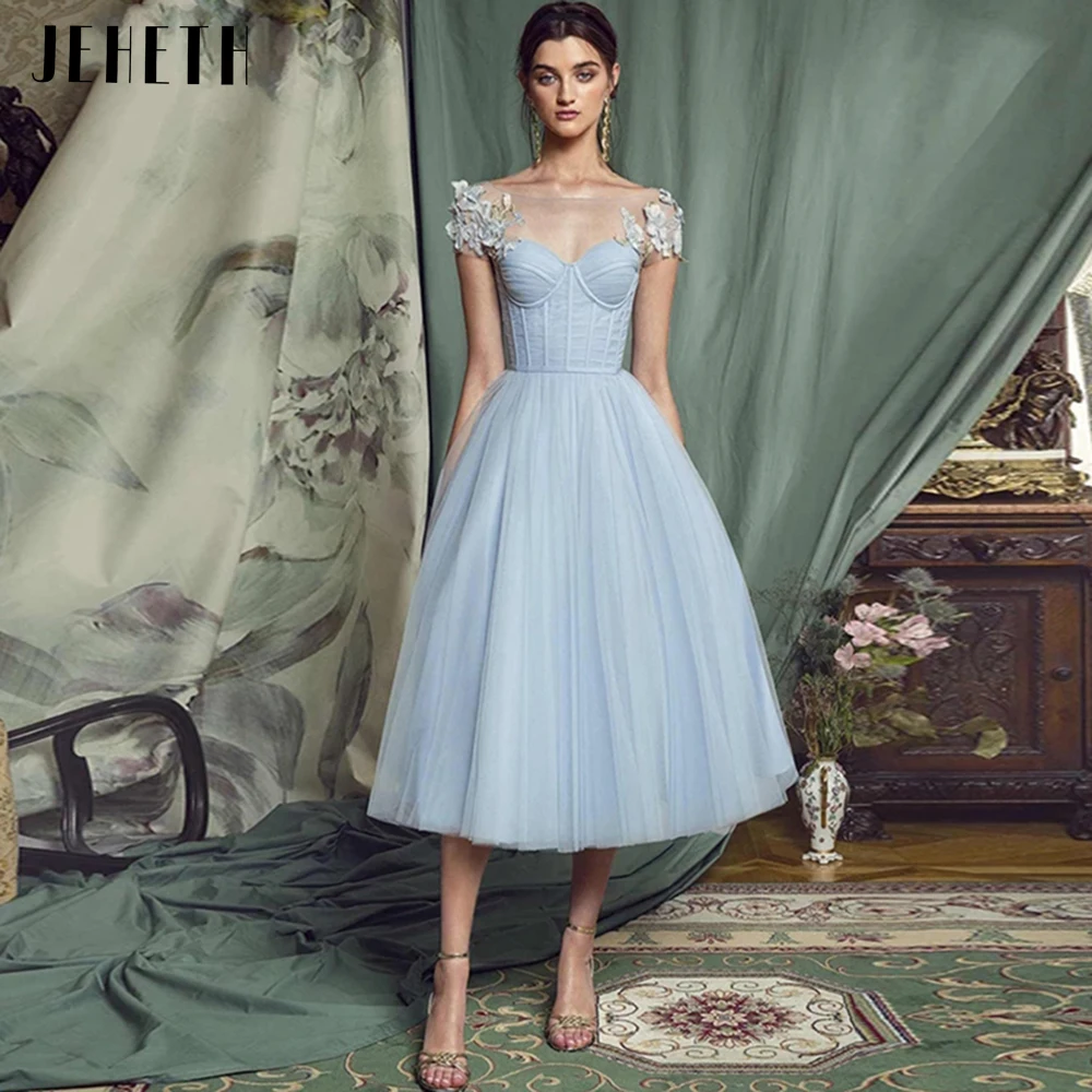 JEHETH Sky Blue A line Short Evening Dresses 2022 3D Appliques Straps Lace-up Back Tea Length Robe De Soiree Formal Party Dress