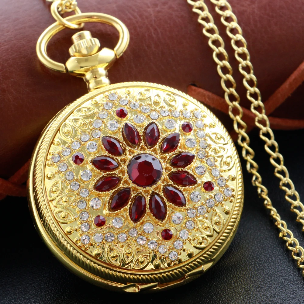 

New Gold Luxury Ruby Pocket Watch Necklace Digital Pendant Chain Clock Fashion Sculpture Women's Men's Gift